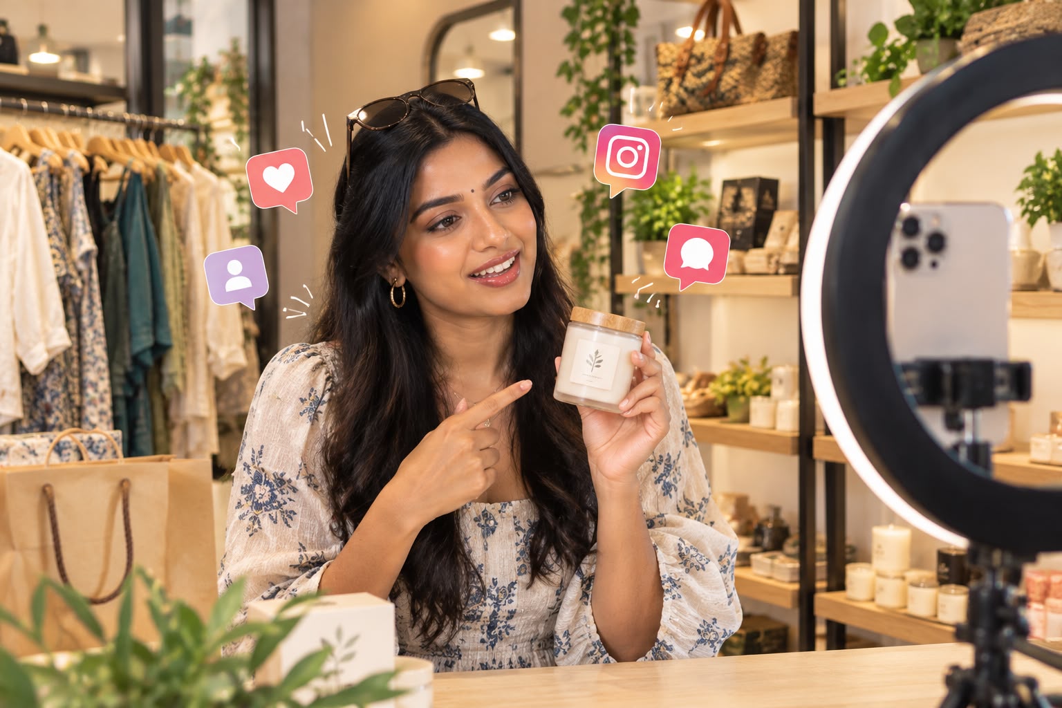 Creator filming content with a ring light and phone